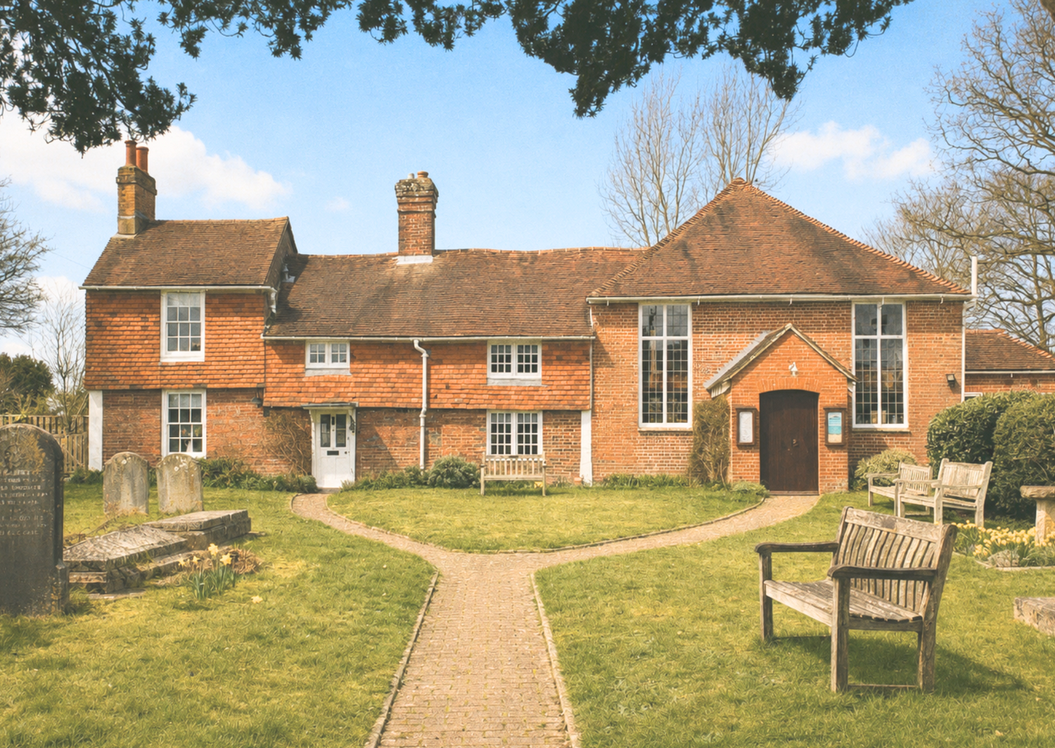 The Ditchling Meeting House, a large red-brick country house with white-framed windows, a paved front path, grassy lawn, garden benches, and a few gravestones in a small graveyard in the foreground under a blue sky.