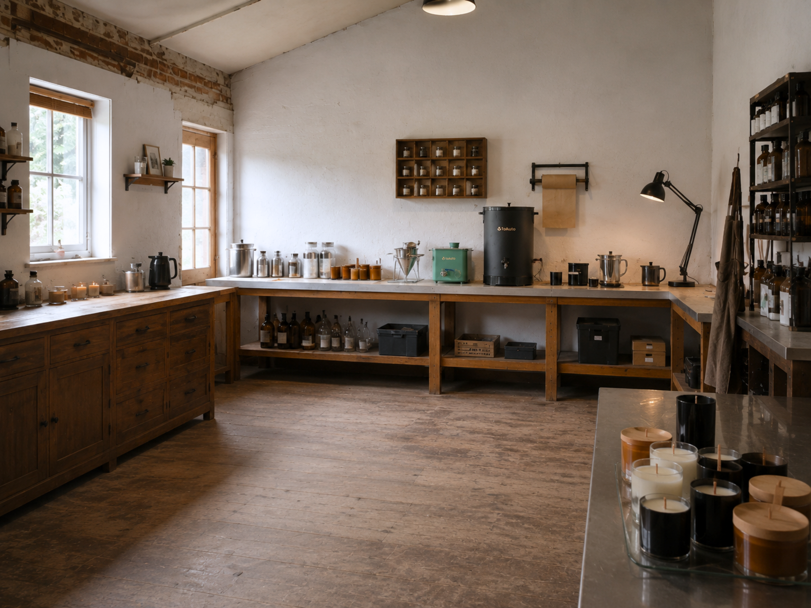 A rustic, industrial-style candle making workshop with wooden cabinets, a long workbench, ToAuto wax melters, candle making equipment, storage shelves, jars, candle vessels, and a countertop display of candles in the foreground.