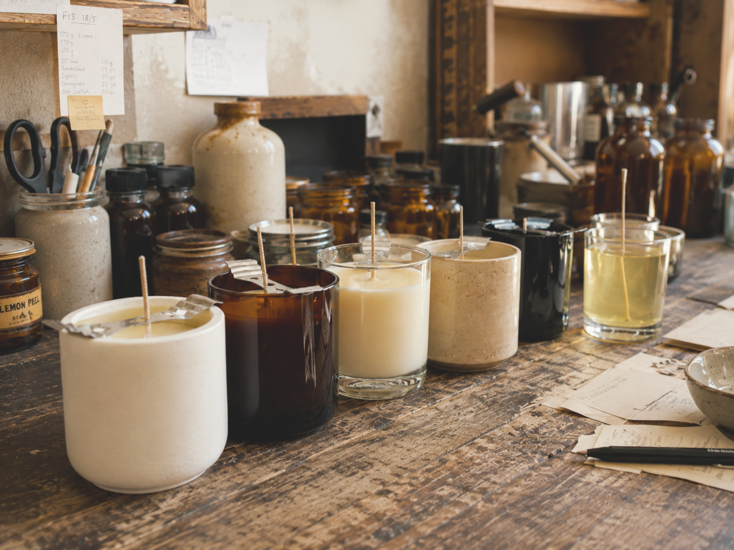 A row of artisanal scented soy candles in various glass jars and ceramic containers, including white, amber brown, and black glass vessels, arranged on a rustic wooden workbench with vintage apothecary bottles and candle making tools in the background.